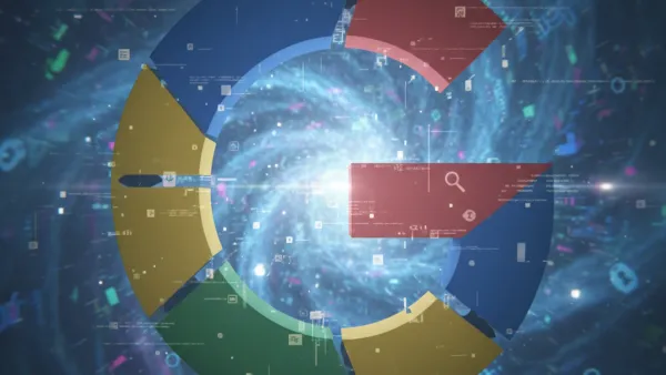 AI-generated visualization showing Google Search magnifying glass with brand data elements and charts.