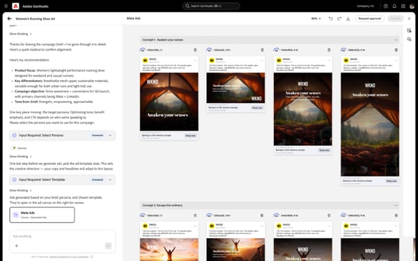 Adobe GenStudio interface showing AI-generated Meta ad variations for WKND brand campaign creationRetry