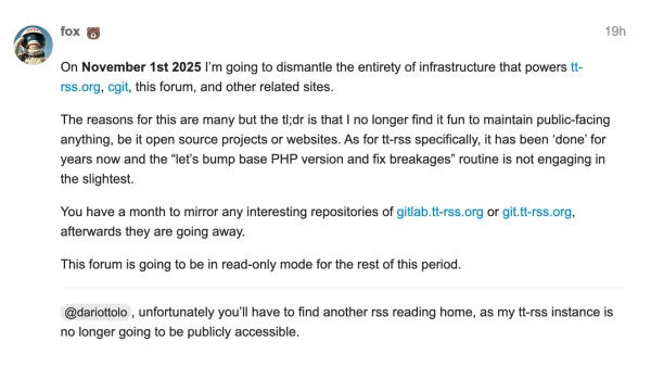 Screenshot shows developer fox announcing Tiny Tiny RSS shutdown on November 1, 2025 due to maintenance burnout.