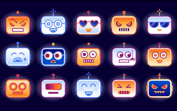Illustration showing diverse bot faces representing automated agents requiring authentication and registry management.