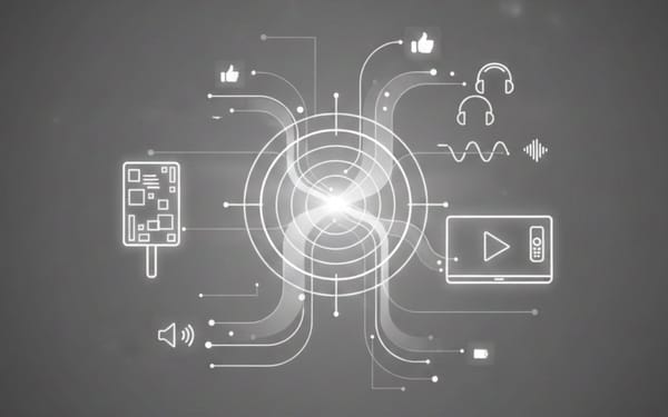 B2B digital advertising channels including social, audio, CTV, and DOOH converging around central targeting hub.