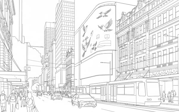 Digital out-of-home billboard displays creative content in urban street scene with pedestrians and transit