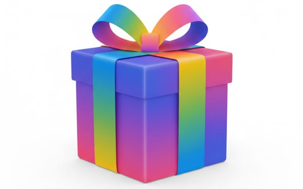 Colorful gradient gift box with rainbow ribbon bow representing AI-powered holiday shopping catalog systems