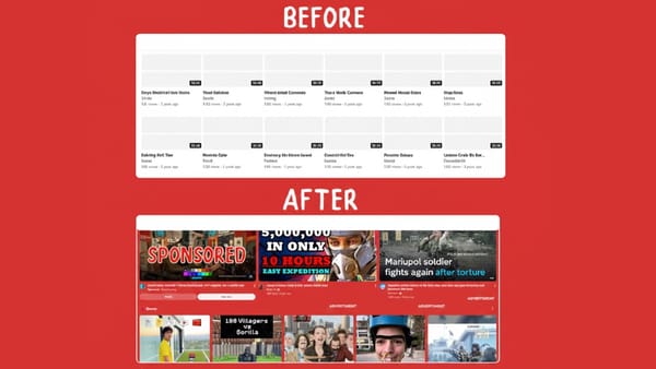 YouTube home feed comparison showing reduction from 12 long-form videos to 3, with Shorts dominating display.
