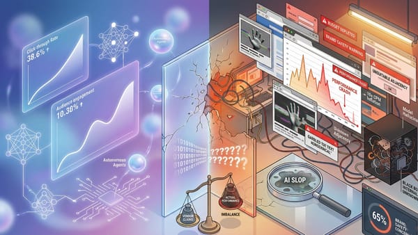 Split-screen illustration contrasting AI advertising promises with operational reality and brand safety chaos