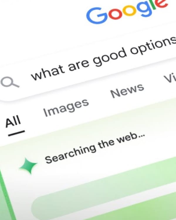 Google search interface showing AI Overview feature with tabs for All, Images, News, and search query box.