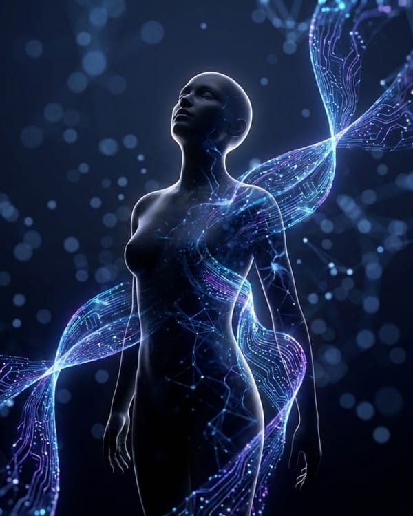 Human figure wrapped in glowing AI neural networks illustrating persuasive influence and persona drift