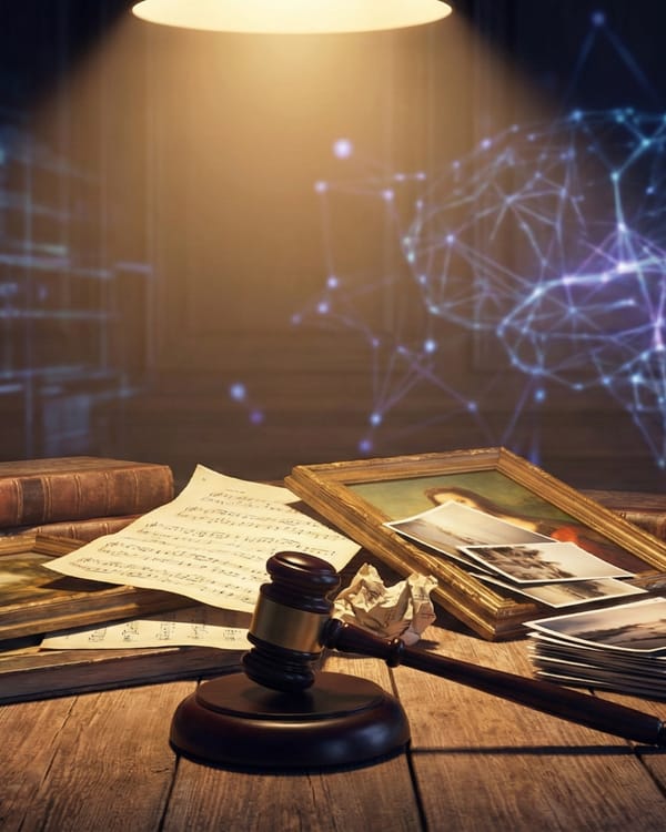 Legal gavel beside creative works as AI neural networks loom, symbolizing copyright protection