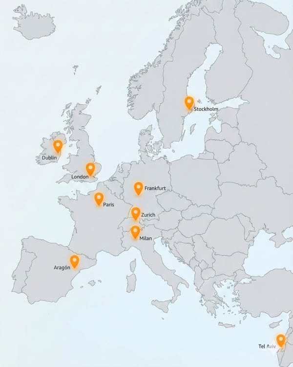 Map showing AWS European infrastructure locations across Dublin London Paris Frankfurt Zurich Milan Stockholm
