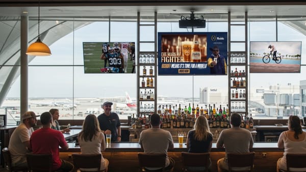 Airport bar patrons viewing Atmosphere TV screens displaying sports and Modelo beer ads programmatically