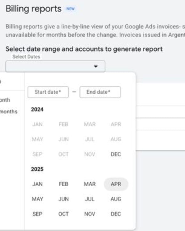 Google Ads billing reports interface showing date range selector with monthly calendar view options