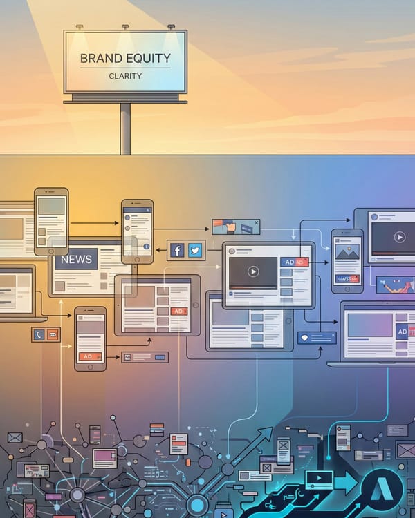 Brand equity clarity dissolves into fragmented digital chaos across devices and algorithms
