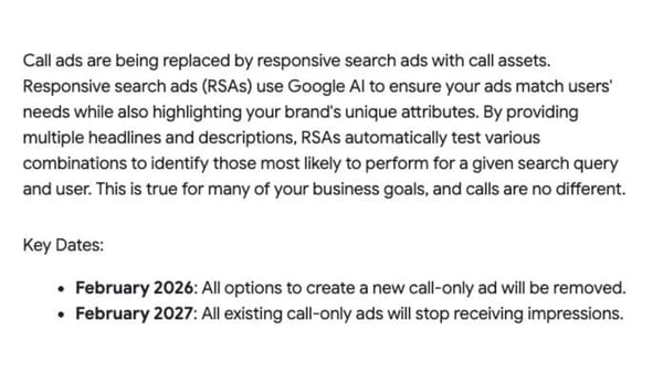 Google Ads call-only ads deprecation timeline showing February 2026 and 2027 transition dates to RSAs.