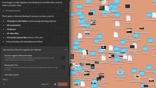 Claude Cowork analyzing messy desktop offering automated file organization by type and category