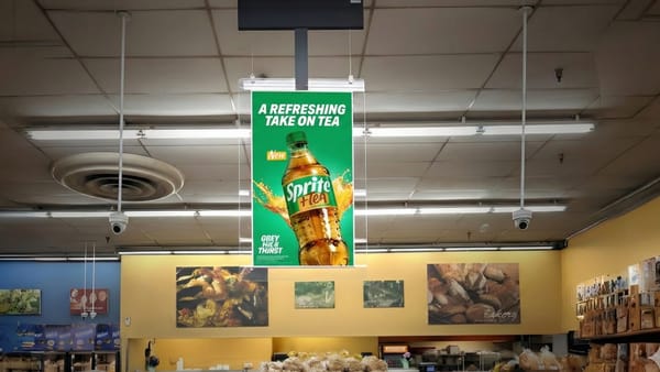 Digital out-of-home screen displays beverage advertisement in grocery store retail environment.