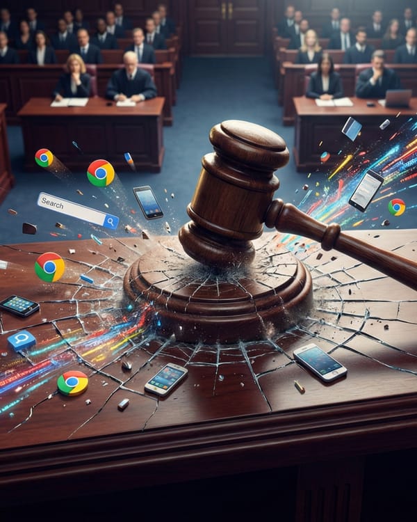 Judge's gavel shatters Google's search monopoly as Chrome icons and devices scatter across courtroom.