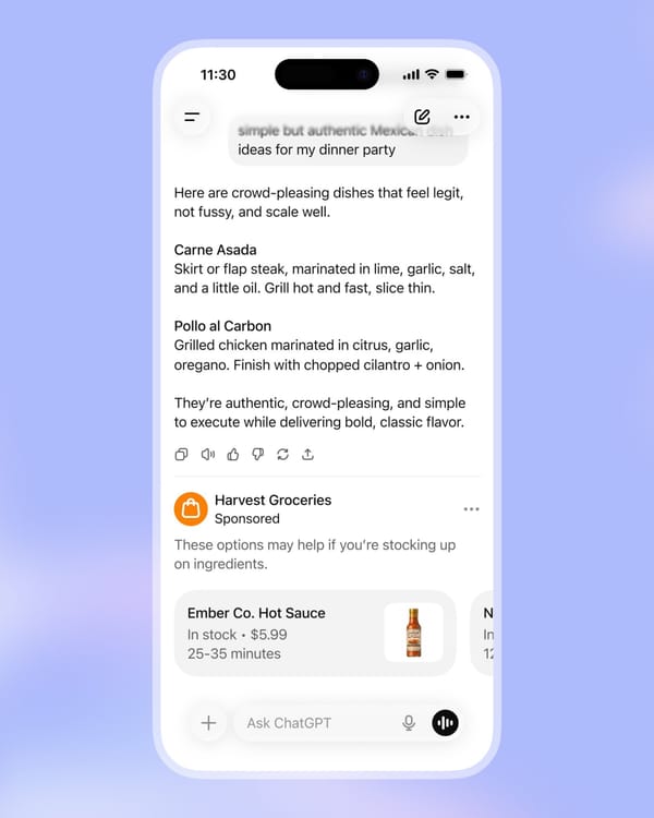 ChatGPT ad example showing Harvest Groceries sponsored product placement below recipe suggestions