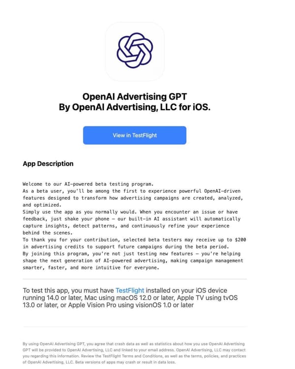 Fake OpenAI Advertising GPT TestFlight app screenshot showing fraudulent beta testing invitation