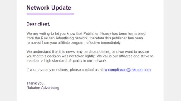 Rakuten Advertising email notifying merchants of Honey's network termination, effective immediately.