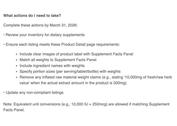 Amazon's supplement compliance requirements targeting inflated ingredient claims by March 31, 2026