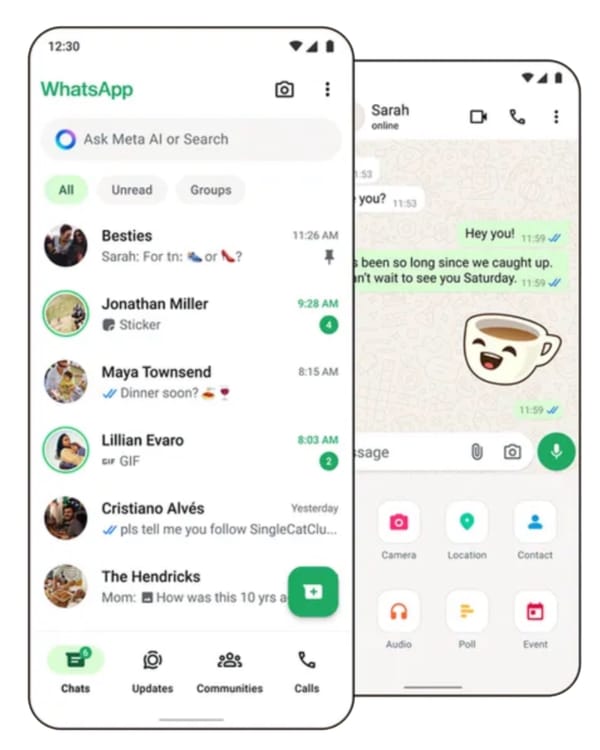 WhatsApp interface showing Meta AI search integration and messaging features on mobile devices